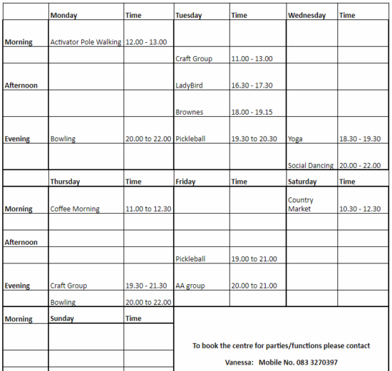 Weekly Timetable | Newcastle Community Centre Wicklow